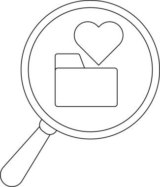 A magnifying glass enlarges a file icon with a heart above it all in outline
