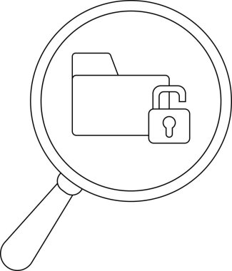 A folder and unlocked padlock are inside a magnifying glass
