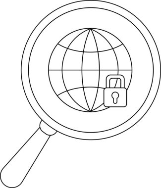 A magnifying glass with a globe and padlock inside all outlined in black and white
