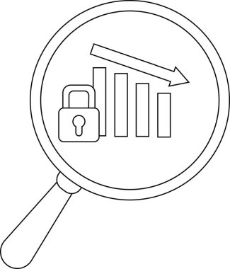 A magnifying glass reveals a padlock and decreasing bar graph symbolizing economic downturn