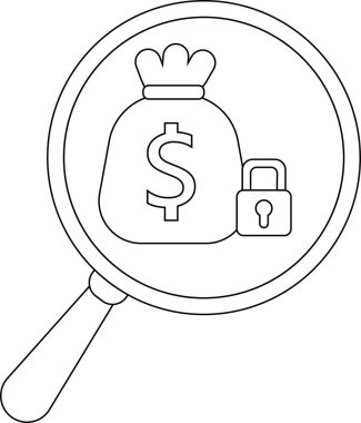 A magnifying glass highlights a moneybag with a dollar sign next to a padlock
