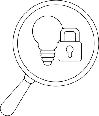 A magnifying glass encircles a lightbulb and padlock suggesting security of an idea