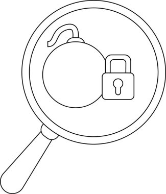 A bomb and lock are under a magnifying glass depicted with bold outlines