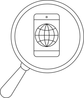 Magnifying glass over smartphone screen displaying a globe icon