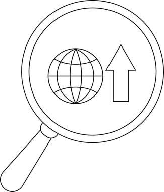 Globe and an up arrow under a magnifying glass black outline white background