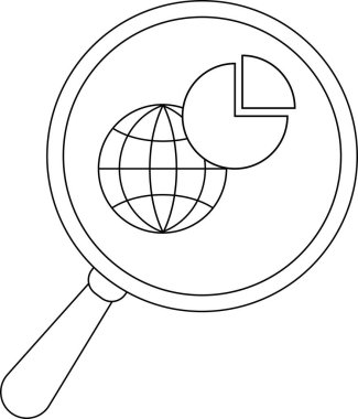 A magnifying glass shows a globe and pie chart suggesting data analysis or research