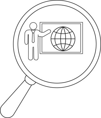 A magnifying glass reveals a person pointing at a globe on a board