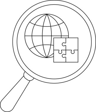 A magnifying glass reveals a globe and a fourpiece puzzle both depicted in a simple line art style