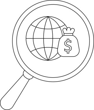 A globe and a money bag are viewed through a magnifying glass
