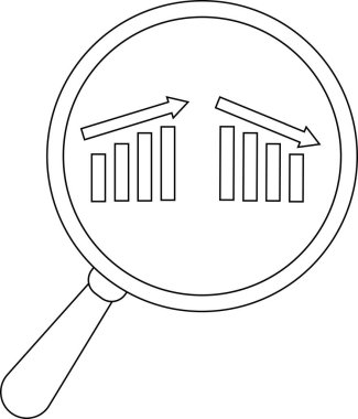 Magnifying glass view of calendar icon and an upward trending bar graph with an arrow