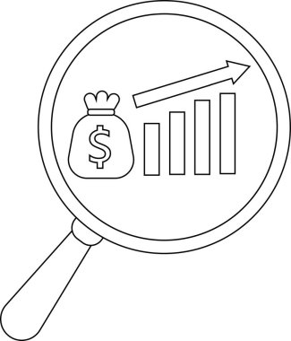 Magnifying glass view of calendar icon and an upward trending bar graph with an arrow