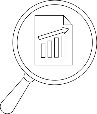 Magnifying glass view of calendar icon and an upward trending bar graph with an arrow