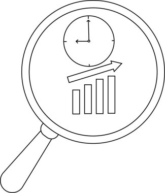 Magnifying glass view of calendar icon and an upward trending bar graph with an arrow