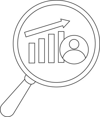 Outlined magnifying glass reveals a rising bar graph upward arrow and person icon within the lens