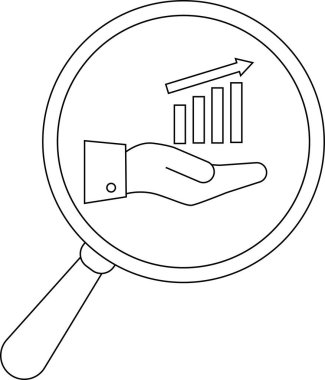 Outlined magnifying glass reveals a rising bar graph upward arrow and person icon within the lens