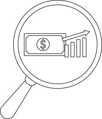 Outlined magnifying glass reveals a rising bar graph upward arrow and person icon within the lens