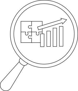 Outlined magnifying glass reveals a rising bar graph upward arrow and person icon within the lens