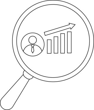 Outlined magnifying glass reveals a rising bar graph upward arrow and person icon within the lens