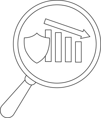 Magnifying glass reveals shield falling bar graph arrow indicating security analysis of declining trends