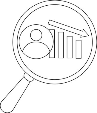 Magnifying glass showing a user icon decreasing bar graph and downward arrow