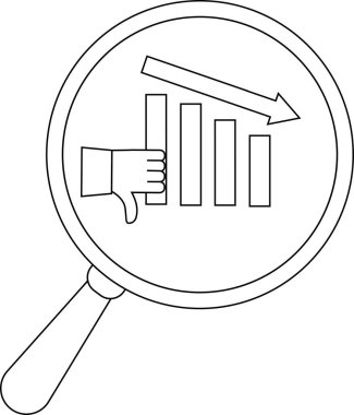 Magnifying glass over chart with downward trend and thumbs down symbol