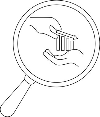Magnifying glass focusing on hands supporting a rising bar graph with an arrow