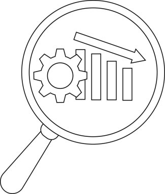Line art magnifying glass encompassing gear bar chart and descending arrow