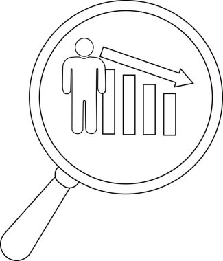 A magnifying glass shows a stick figure with a declining bar graph and arrow
