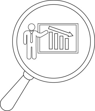 A magnifying glass shows a presentation with a stick figure and a declining bar graph with an arrow