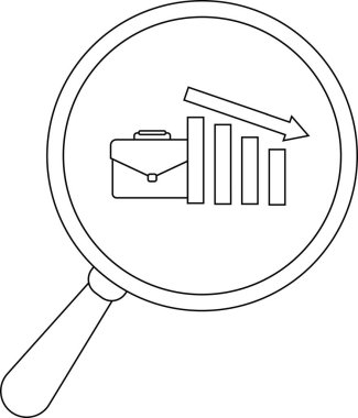 A magnifying glass shows a briefcase next to a falling bar graph with a downward arrow