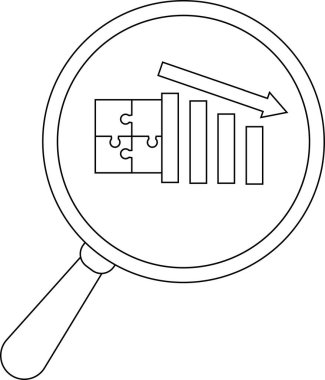 A magnifying glass reveals a puzzle connected to a bar graph overlaid by a descending arrow