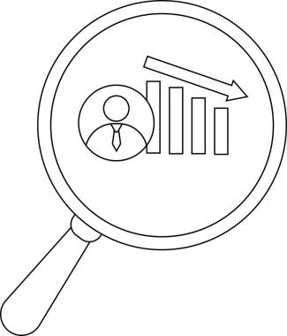 A magnifying glass reveals a person icon descending graph and downward arrow implying scrutiny of a declining trend