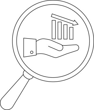 A magnifying glass highlights a hand supporting a decreasing bar graph with a downwardpointing arrow