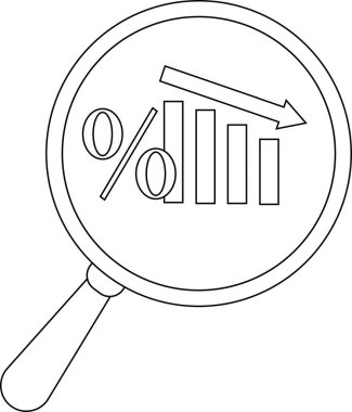 A magnifying glass is focused on a graph and percentage symbol indicating a declining trend