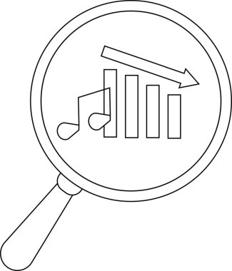 A magnifying glass highlights a decreasing bar graph alongside a music note indicating a market trend analysis