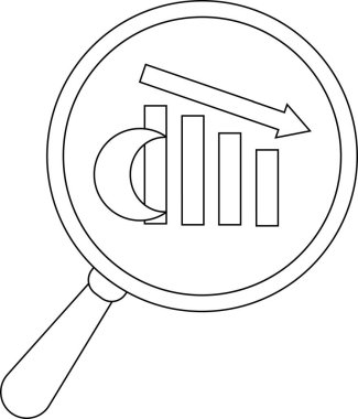 A magnifying glass frames a chart with an arrow pointing downwards