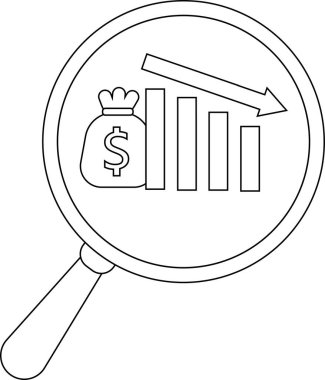 A magnifying glass frames a falling bar graph a dollarsigned moneybag and a downwardpointing arrow