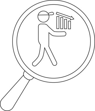 A magnifying glass focuses on a person carrying a decreasing bar graph with an arrow
