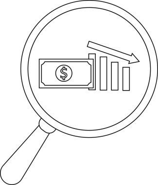 A magnifying glass focuses on a dollar bill and a descending bar graph