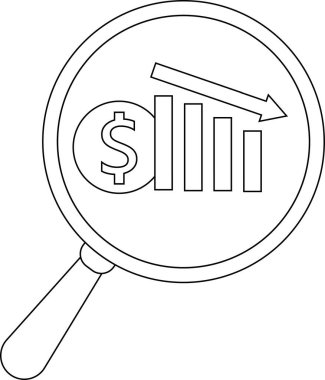 A magnifying glass focuses on a bar graph with a downward arrow and dollar sign symbol