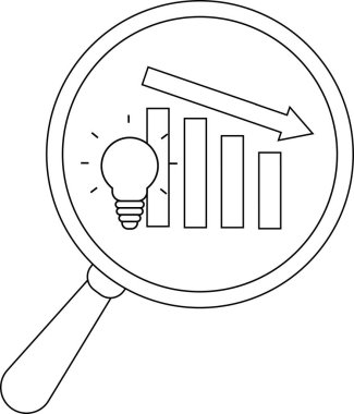 A magnifying glass encircles a graph an arrow points down and a light bulb radiates symbolizing a problem with an idea