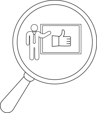 Magnifying glass view of a person presenting a thumbsup illustration within a frame