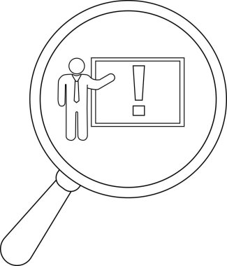 Magnifying glass focusing on a person presenting an exclamation mark on a board