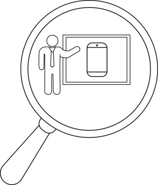 A stick figure presents a cell phone on a screen within a magnifying glass