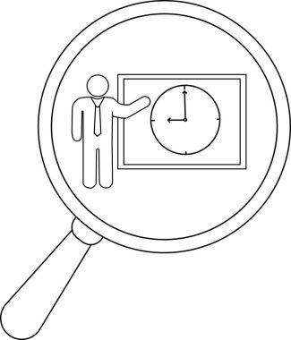 A magnifying glass shows a person presenting a clock on a board