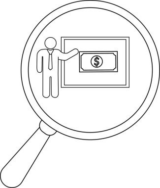 A magnifying glass highlights a person presenting money on a screen or board