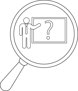 A magnifying glass frames a person pointing to a board with a question mark