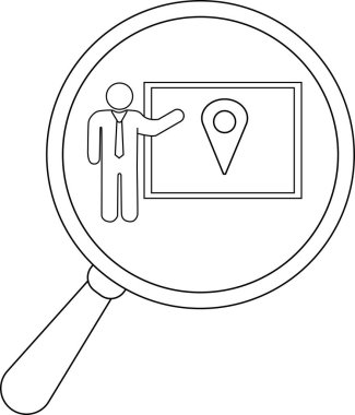 A magnifying glass focuses on a presenter by a board with a location marker