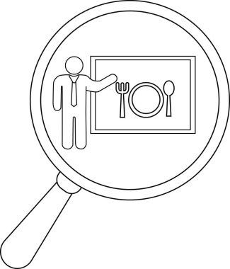 A magnifying glass focuses on a presentation featuring a person gesturing towards a plate fork and spoon