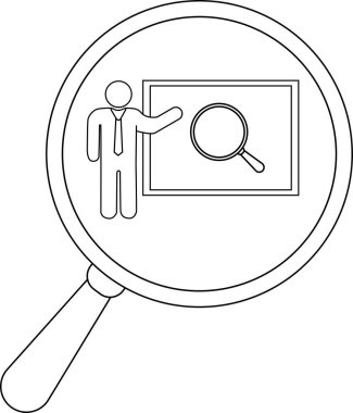 A magnifying glass focuses on a person presenting a diagram of a magnifying glass